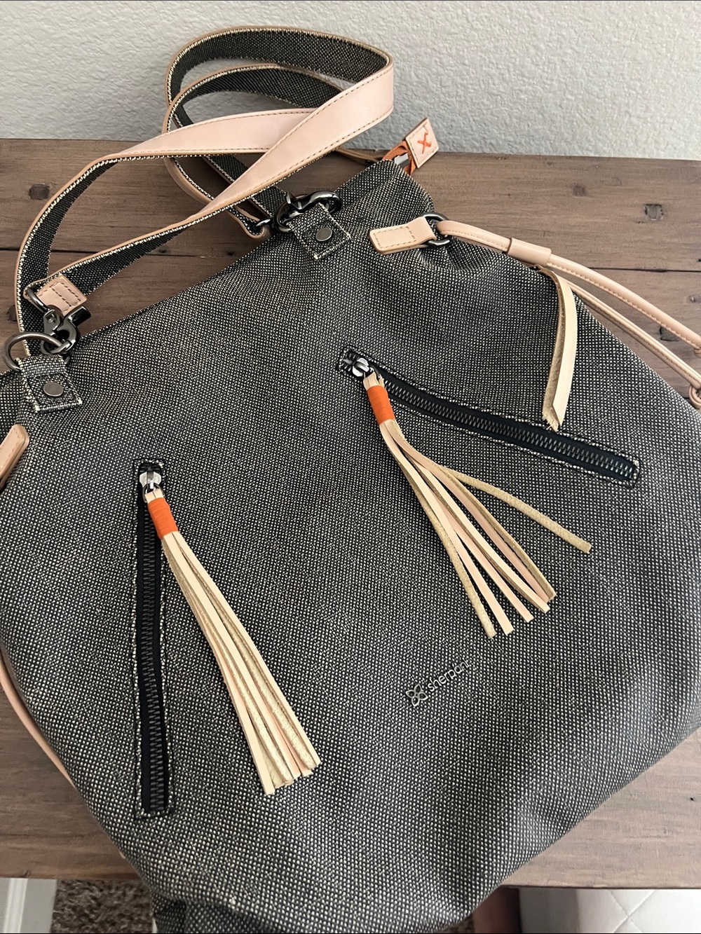 Sherpani tempest Tassel Bucket Bag in Gray with Cream Trim